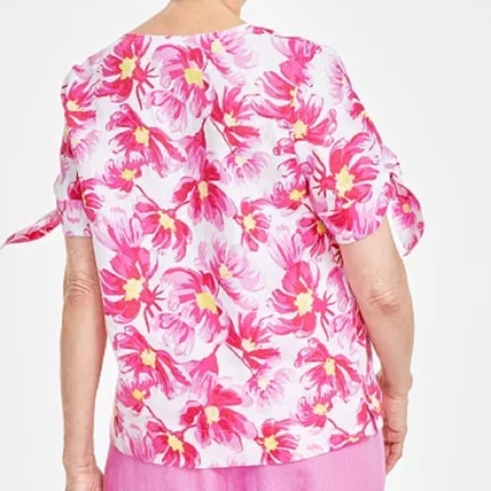 CHARTER CLUB 100% Linen Tropical Floral Pattern Tie Sleeve Blouse SZ LG - Picture 4 of 11